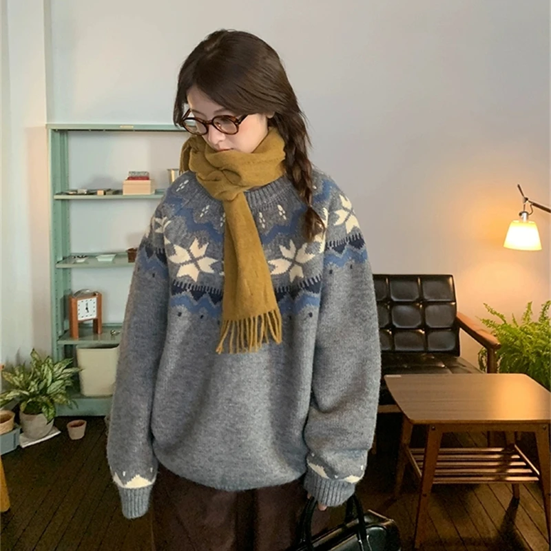 Autumn Casual Soft Loose Long Sleeved Knitted Top Winter Korean Printed O-neck Pullover Sweater Classic Retro Women's Sweater