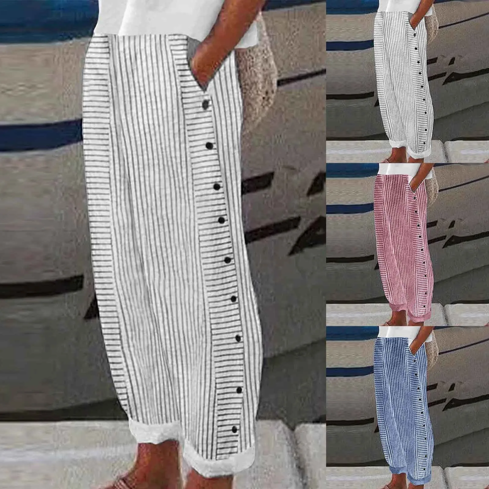 Long Linen Pants Women Women Summer Fashion Striped Print Button Casual Versatile Loose High Waist Yoga Dress Pants For Women 4