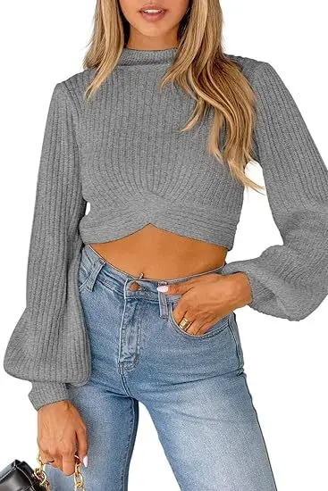 

Women's Sweater Autumn and Winter Knitted Lantern Sleeves Sexy Twisted Pullover Open Navel Slim Fit Sexy Elegant New Fashionable