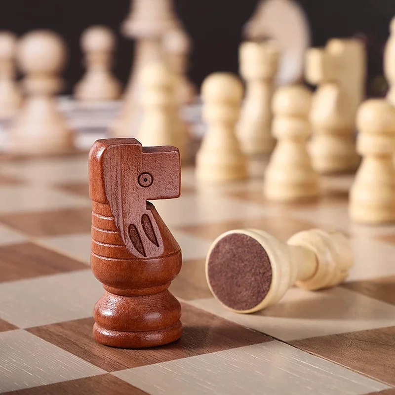 39cm Wooden Chess Checkers Set 2 In 1 Foldable Interior Storage Space Chessboard Extra Queens Home Travel Games Perfect Gifts
