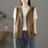 Retro Artistic Hooded Cotton Linen Open Cardigan Vest Women Casual Loose Summer Layering Sleeveless Tank Top Short Jacket