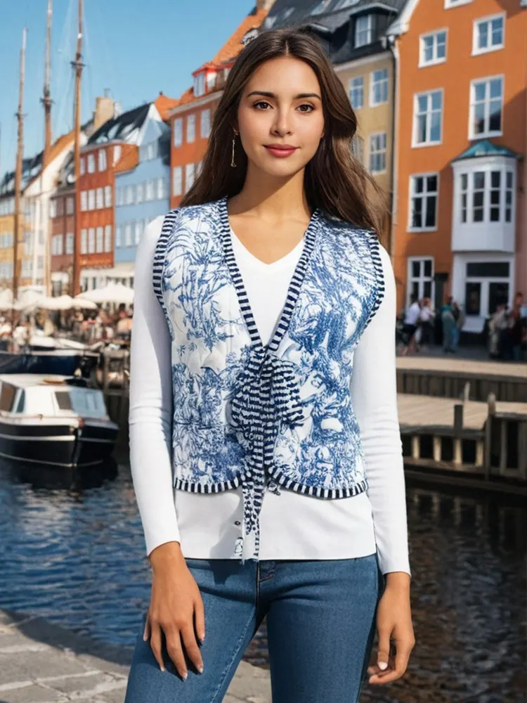 HH Women Vintage Print Lace Up Vest Loose Casual Sleeveless Waistcoat Tops Autumn Female Fashion High Street Outerwear