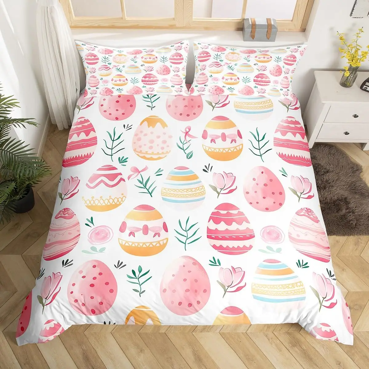 Easter Rose Rabbit Duvet Cover Cute Bunny Happy Easter Bedding Set Full for Kids Boys Girls,Rustic Flower Animal Comforter Cover 4