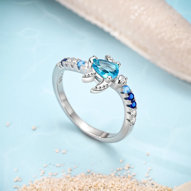Women's 925 Sterling Silver Sparkling Blue Turtle Jewelry Set Earrings Necklace Ring Fine Birthday Gifts 4
