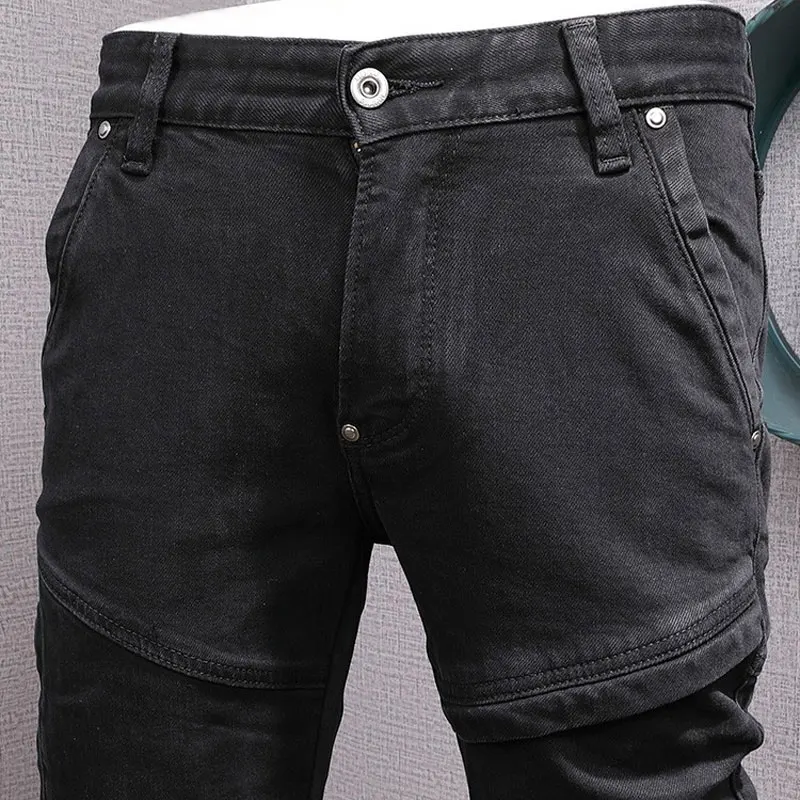Streetwear Fashion Men Jeans Black Stretch Slim Fit Spliced Designer Biker Jeans Homme Patched Hip Hop Denim Punk Pants Men
