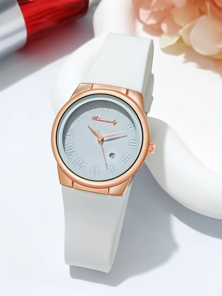 Ladies watch, simple and stylish silicone tape Roman disc with calendar quartz watch
