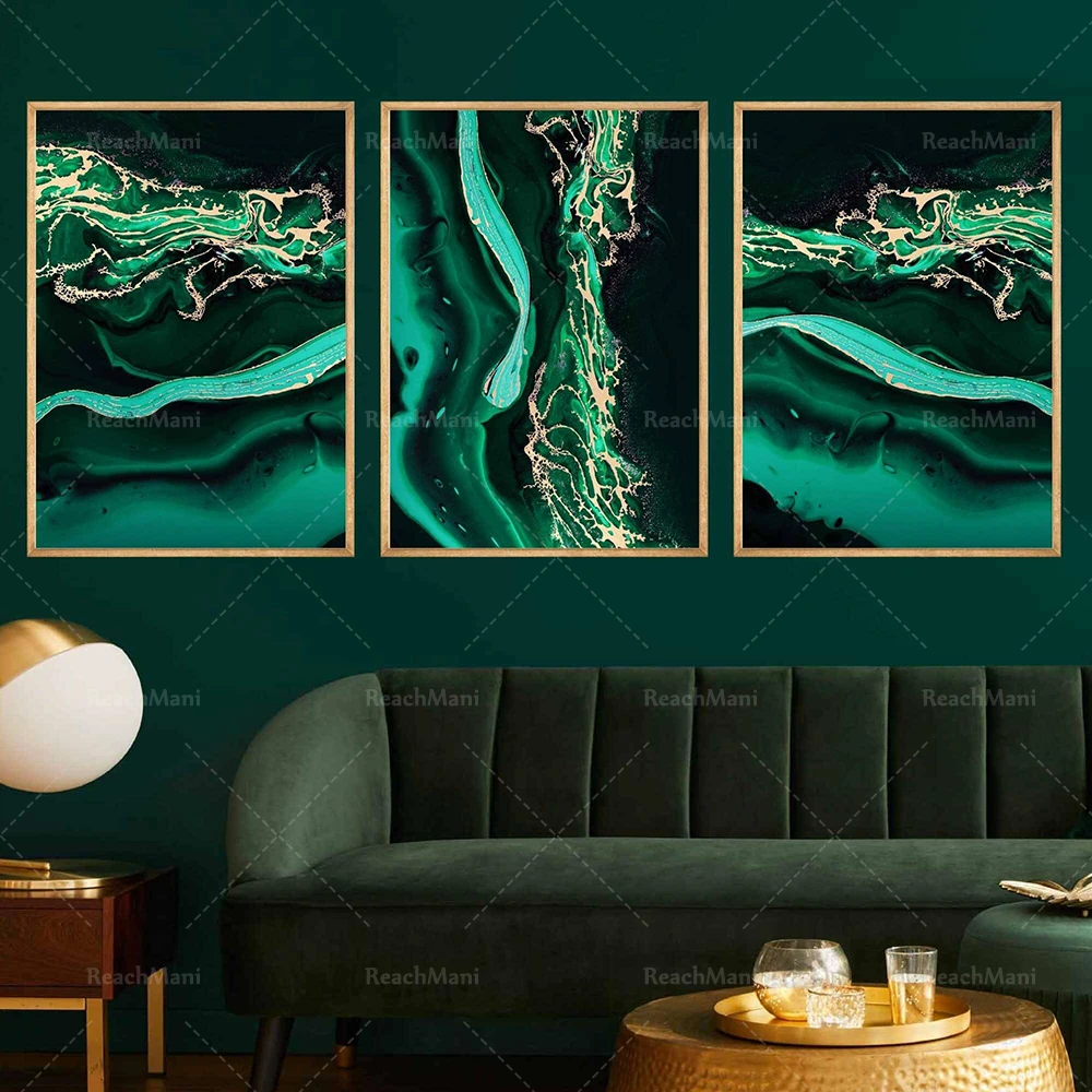 Emerald Green, Navy Blue And Shiny Gold Marble Abstract Print, Home ...