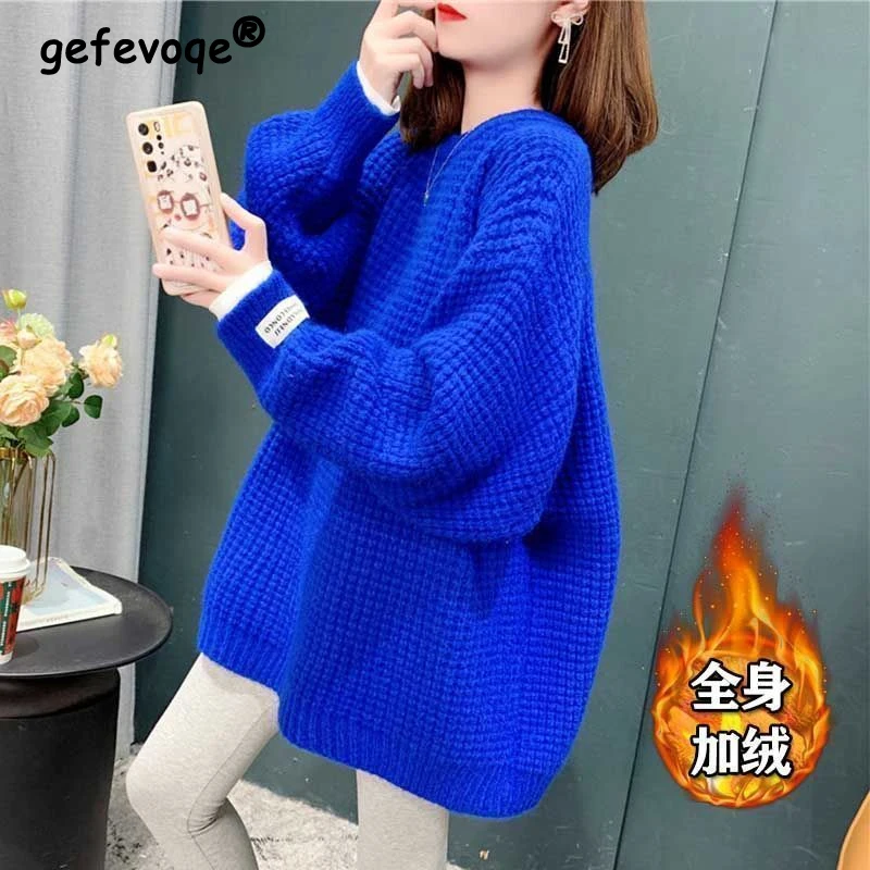 

2023 Autumn and Winter Women Casual Streetwear Plush Warm Knitted Sweaters Solid O Neck Long Sleeve Oversized Pullovers Jumpers
