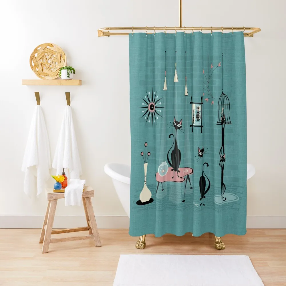 

Mid Century Kitty Mischief III studioxtine Shower Curtain Waterproof Shower Curtain