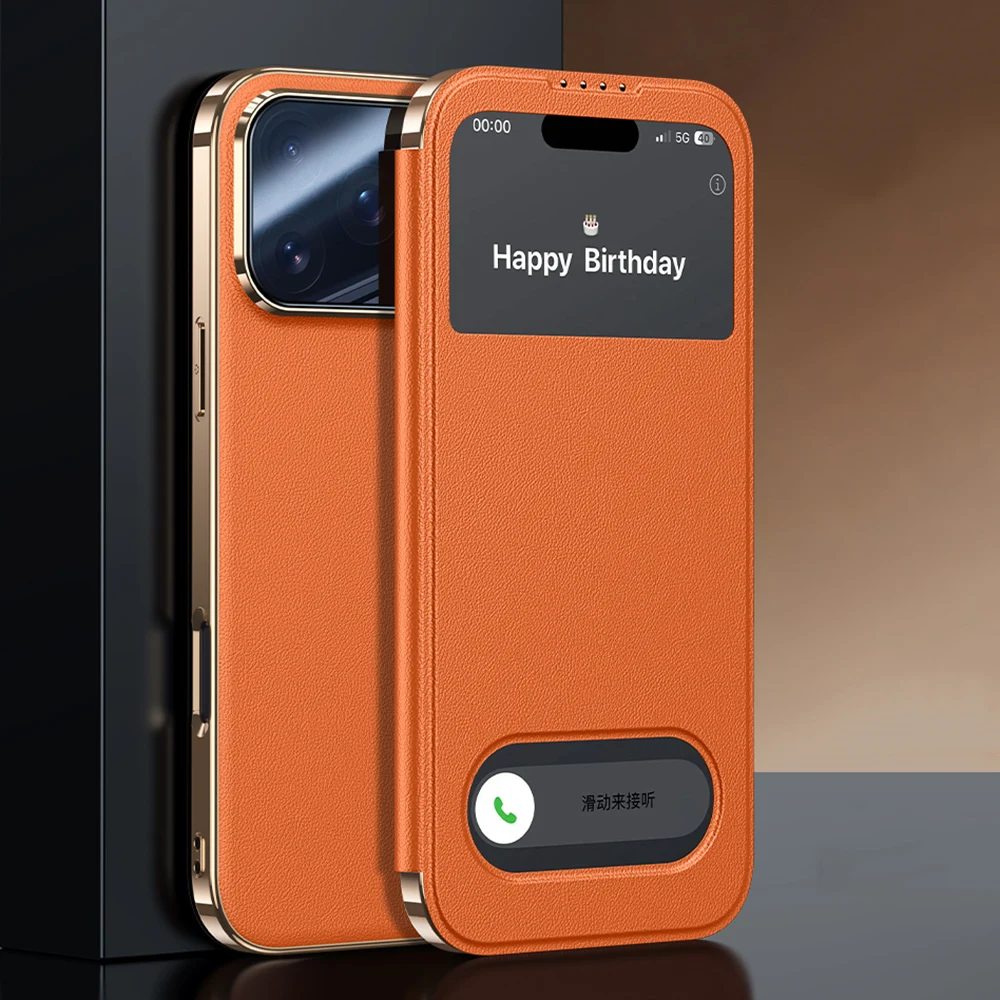 Premium Genuine Leather Flip Case - Elegant Orange Window Book Cover