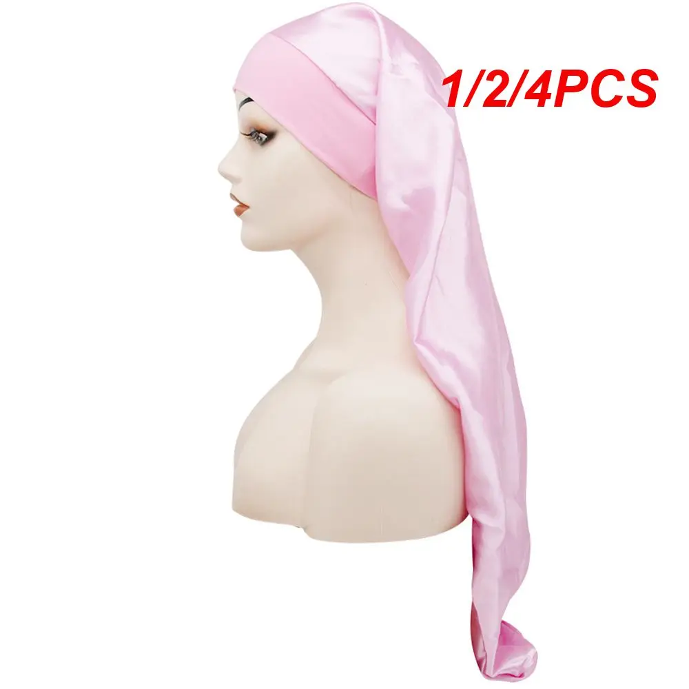 

1/2/4PCS Long Satin Bonnet Sleep Silk Sleeping With Wide Elastic Band Loose Night Hat For Women Braids Curly Hair