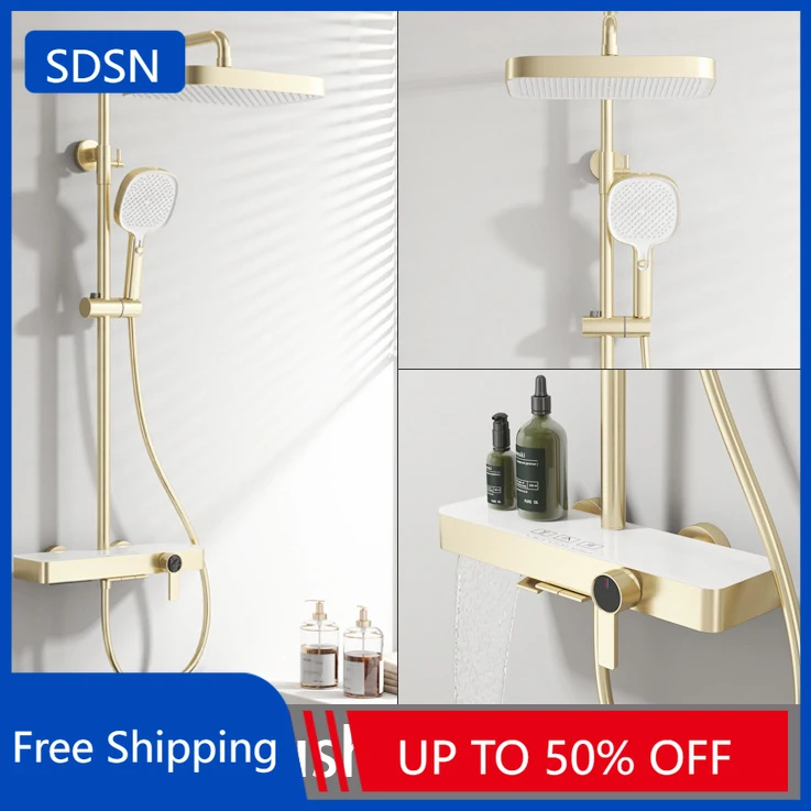 Brushed Gold ห้องน้ําระบบสปริงเกลอร์ทองเหลืองคุณภาพห้องน้ําก๊อกน้ําอุปกรณ์เสริมเปียโนเย็นห้องน้ําชุดฝักบัว 1