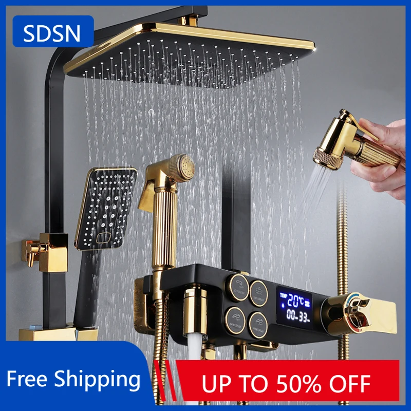 Thermostatic ห้องน้ําระบบชุดทองเหลืองห้องน้ําก๊อกน้ําอุปกรณ์เสริม Rain Shower HEAD ร้อนเย็นห้องน้ําชุด 1