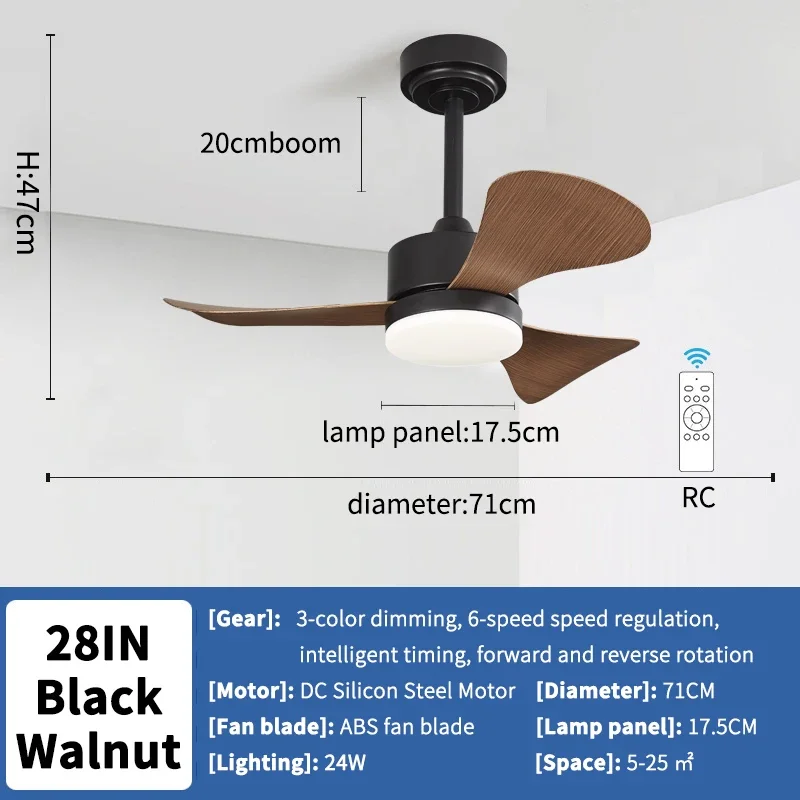 28 IN small modern ceiling fan light with LED 6-speed high wind 3 walnut leaves and remote control, bedroom, living room, indoor