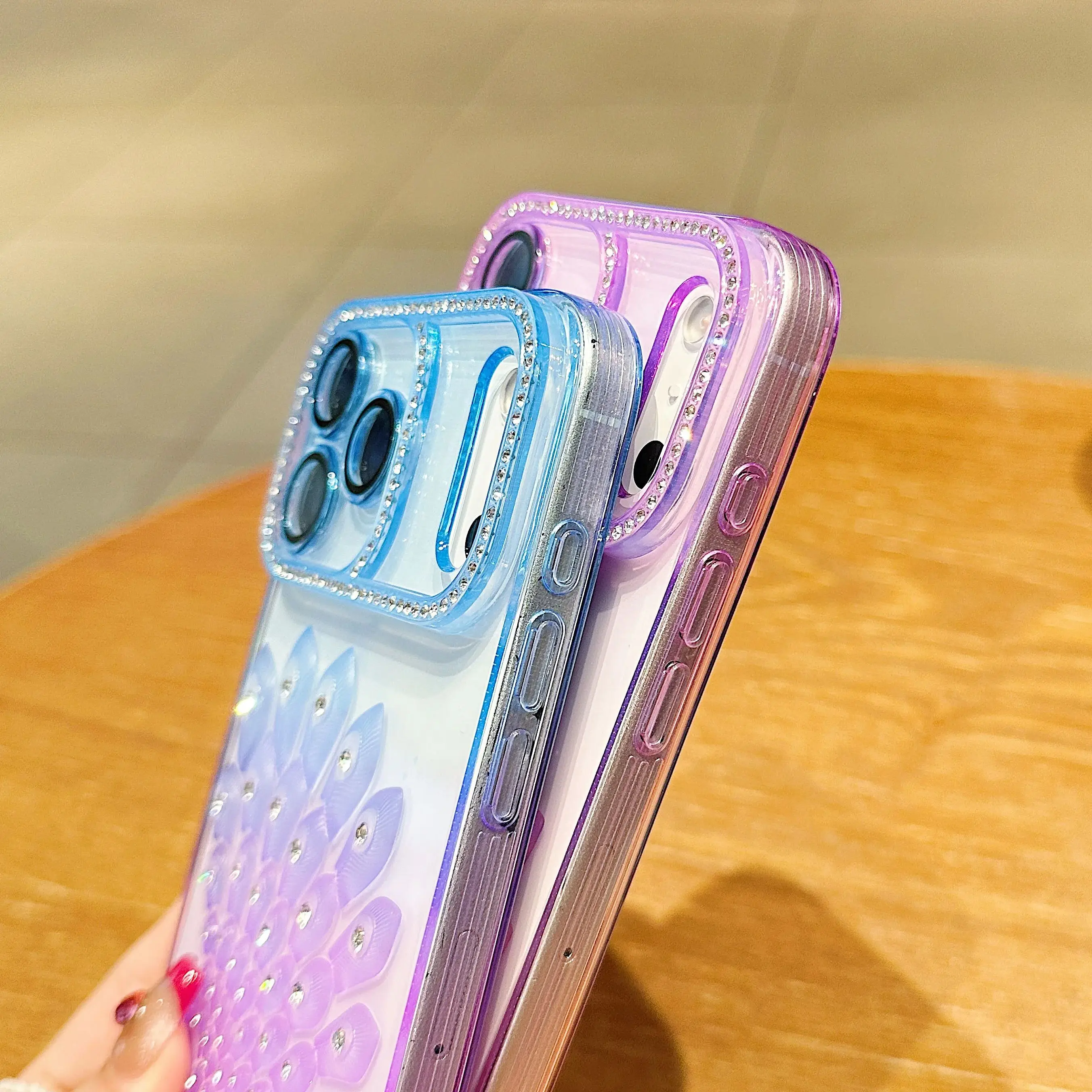 Colorful Peacock Diamond Aesthetic Gradient Clear Case with Lens Protection