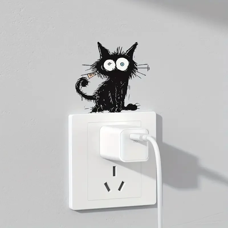 Contemporary Style Black Cat Wall Sticker, Animal Print Self-Adhesive Switch Decal for Living Room Bedroom