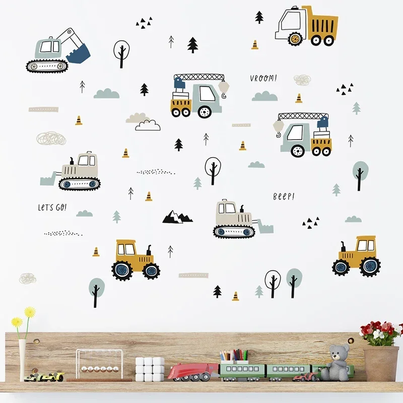 Wall Stickers Hand Drawn Cute Cars Cargo Truck Elements for Kids Room Baby Teen Room Playroom Kindergarten Nursery