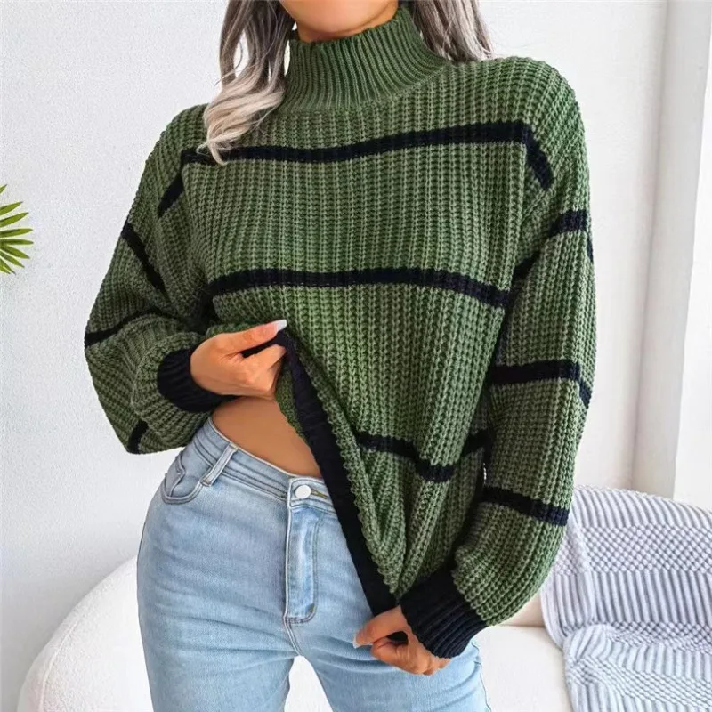 New Autumn and Winter Women's Semi-turtleneck Knitted Long-sleeved Sweater Fashion Striped Lantern Sleeve Office Casual Top
