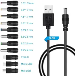 Universal USB to 5V DC Power Supply Cable with Adaptable Connectors - 1m (Cable 11 Adapter)