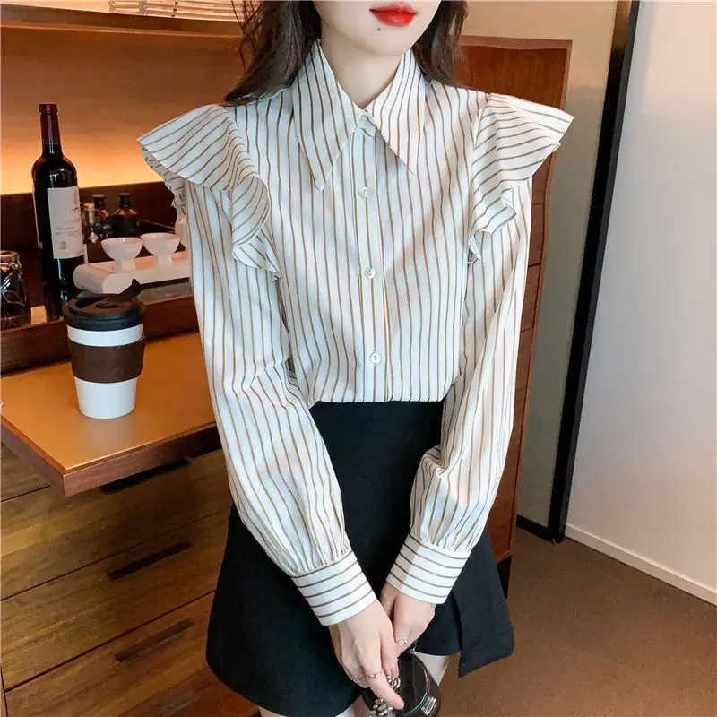 

Polo Collar Ruffled Striped Shirt Women's Autumn Clothing 2023 New Top Design Sense Women's Shirt Fashion