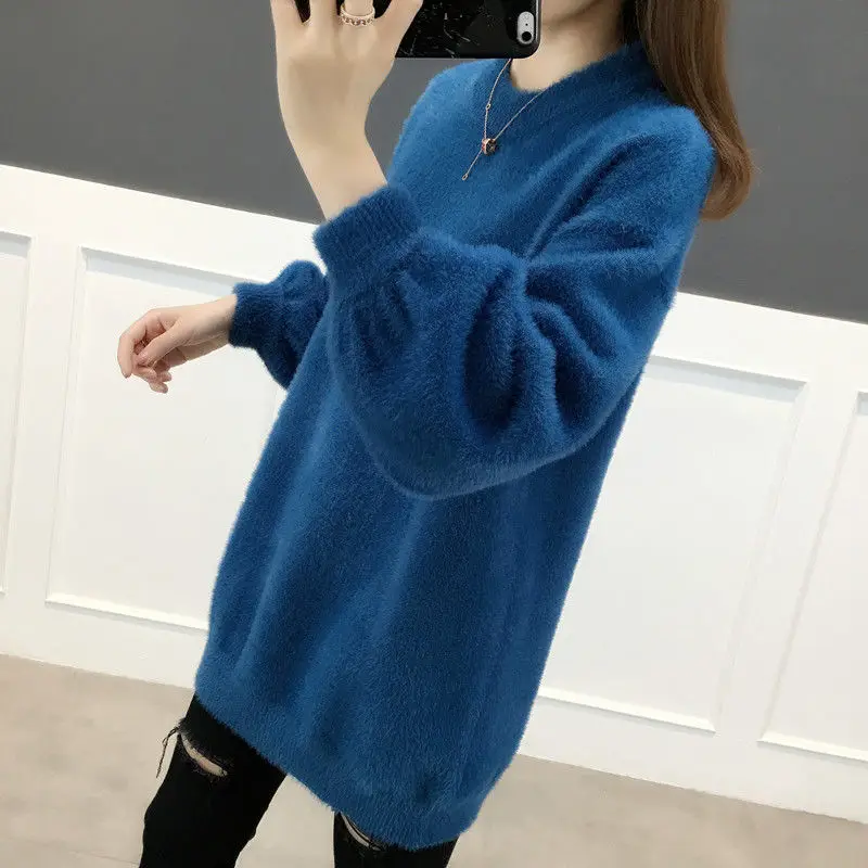 

Imitation mink fleece thickened sweater loose autumn and winter pullover air knit base sweater black