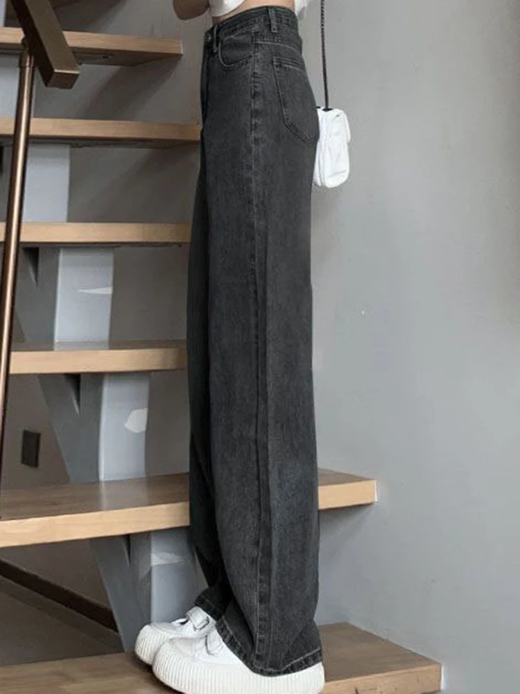 여자 하이 웨스트 와이드 레그 청바지 레이디 하이 스트리트 데님 스트레이트 레그 바지 여성 레트로 블루 라이트 블루 블랙 그레이 핑크 바지