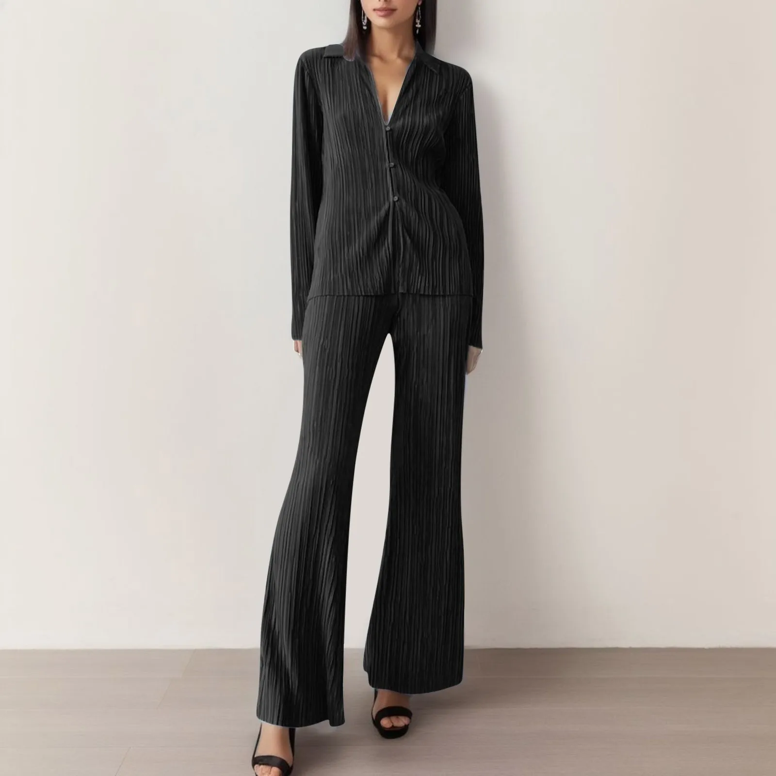 Casual Chic Solid Color Pleated Pants Suits Y2K Women Two-piece Long Sleeve Button down Shirts and Straight Leg Trousers Set