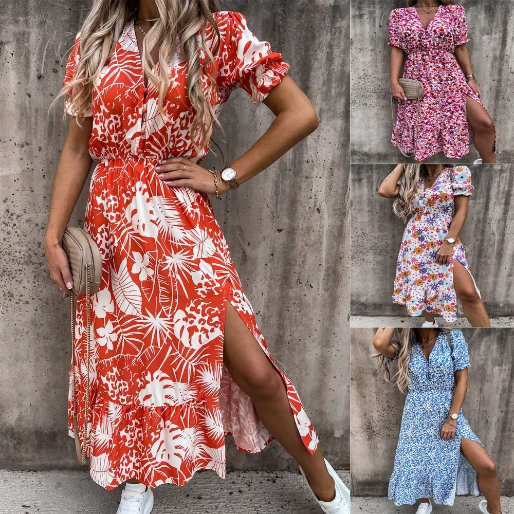 

New Fashion Women Floral Print Loose Maxi Long Dress Spring Summer V Neck Short Puff Sleeve Side Split Tunic Party Dresses