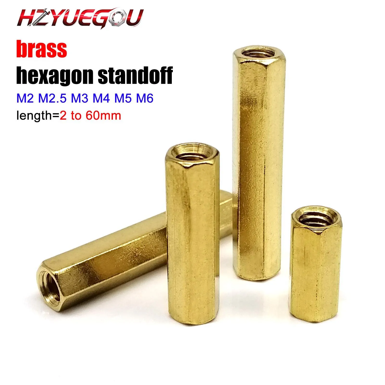 HZYUEGOU Massiver Messing-Kupfer Sechskant-Abstandshalter M2 M2.5 M3 M4 M5 M6 L=2-80mm für Leiterplatten und Motherboards