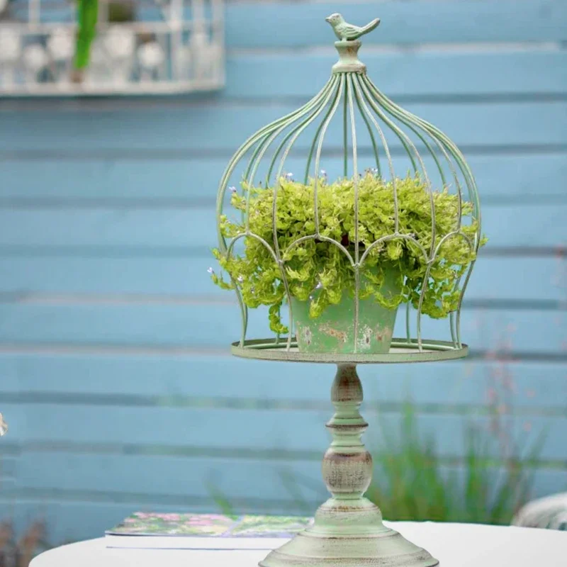 Outdoor Wrought Iron Flower Stand Birdcage Pot Holder Gardening Tray Decorative Ornaments Metal Plant Stand Garden Display