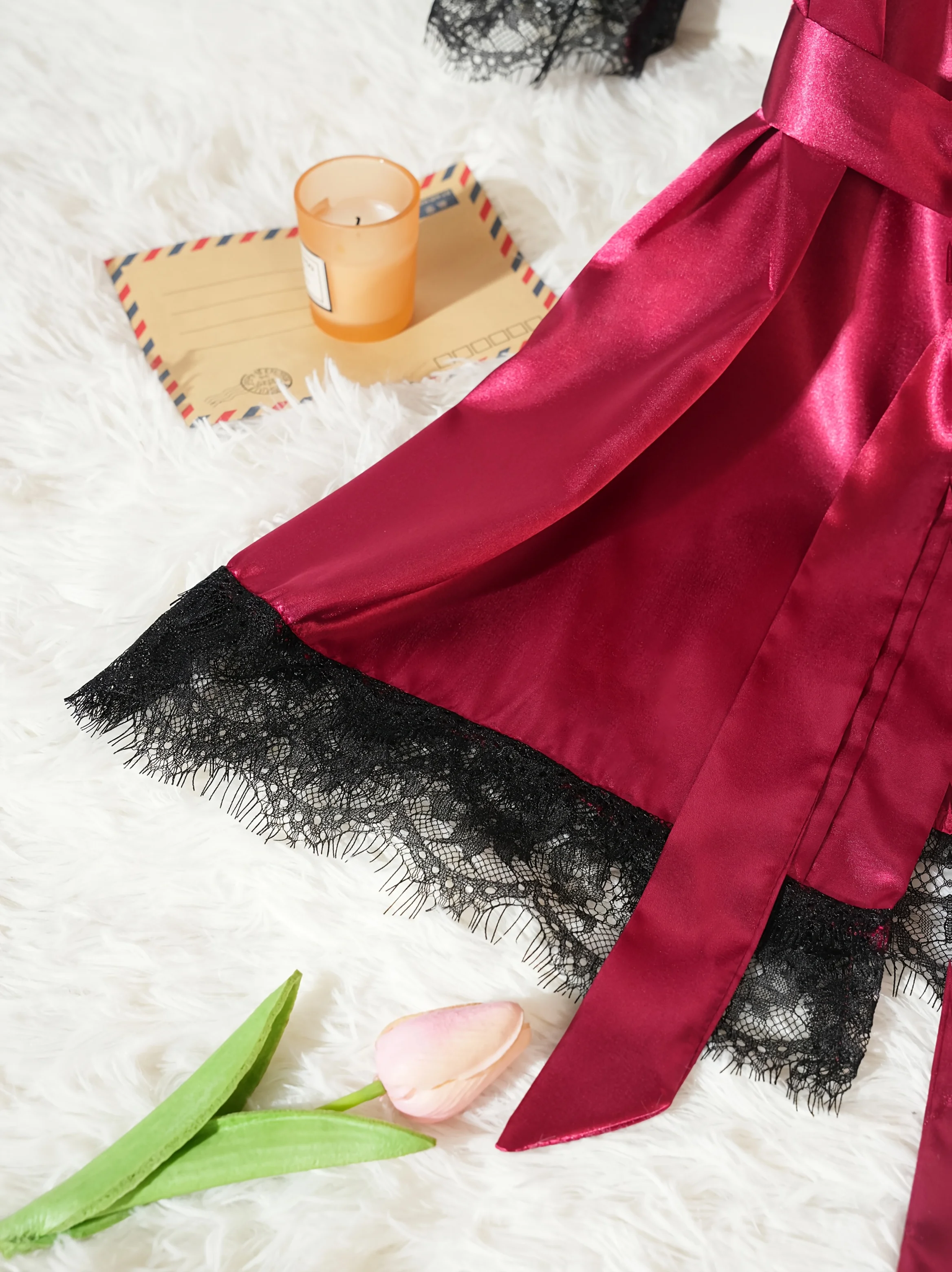 4 قطعة طقم بيجامة حريمي من الساتان رداء دانتيل ملا...