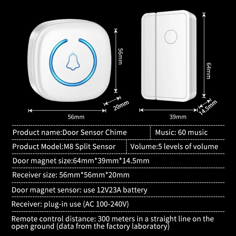 Wireless Doorbell CACAZI Split Door Chime Wireless Sensor Chime Adjustable 5 Volumes 60 Ringtone EU Plug