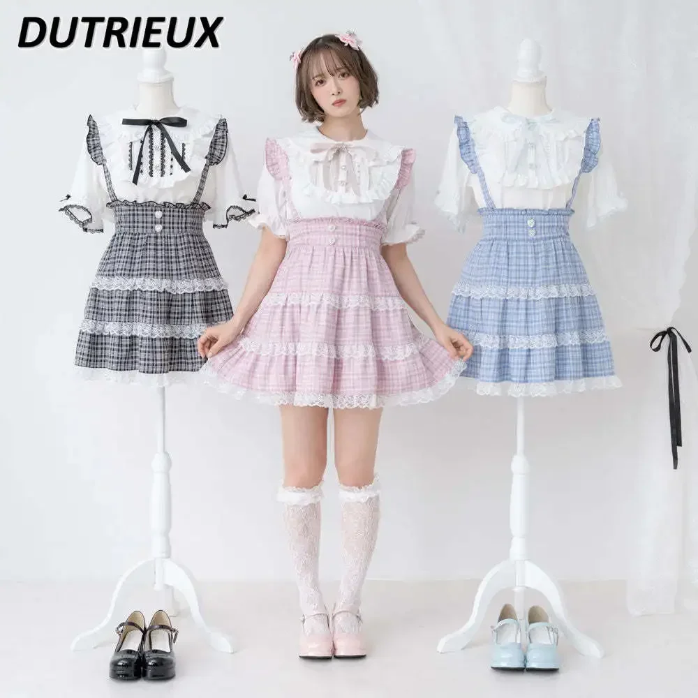 2023 Summer New Japanese Suspender Skirt High Waist Slimming Student Pleated Skirt Sweet Lolita Lace Ruffles Short Skirt Faldas
