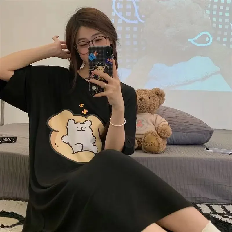 Women Large Size Short-sleeved Lazy T-shirt Skirt Korean Cute Cartoon Pajamas Students Sleepwear 150kg Fat Mm Loose Home Dress women pajamas,sleeping dress