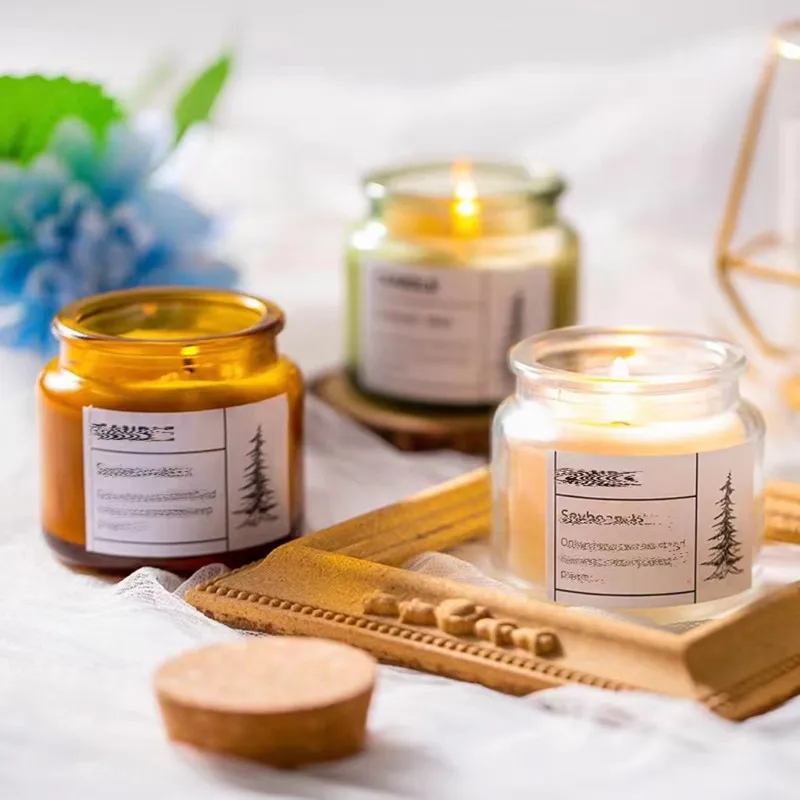 60pcs Custom Logo&Packaging 100ml Scented Candle Jar with Cork Lid Amber Green Grey Clear Glass Empty jars 6