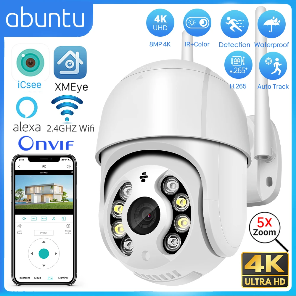 8MP 4K Wifi Camera PTZ CCTV Surveillance Camera Outdoor Waterproof Color Night Vision Auto Tracking 4MP 2MP IP Camera ICSEE APP