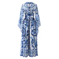 Red Blue And White Porcelain Print Holiday Dress Summer Vintage Bohemia Dress Women's  Loose Lace Up Belt Long Robe Vestido - Image 5