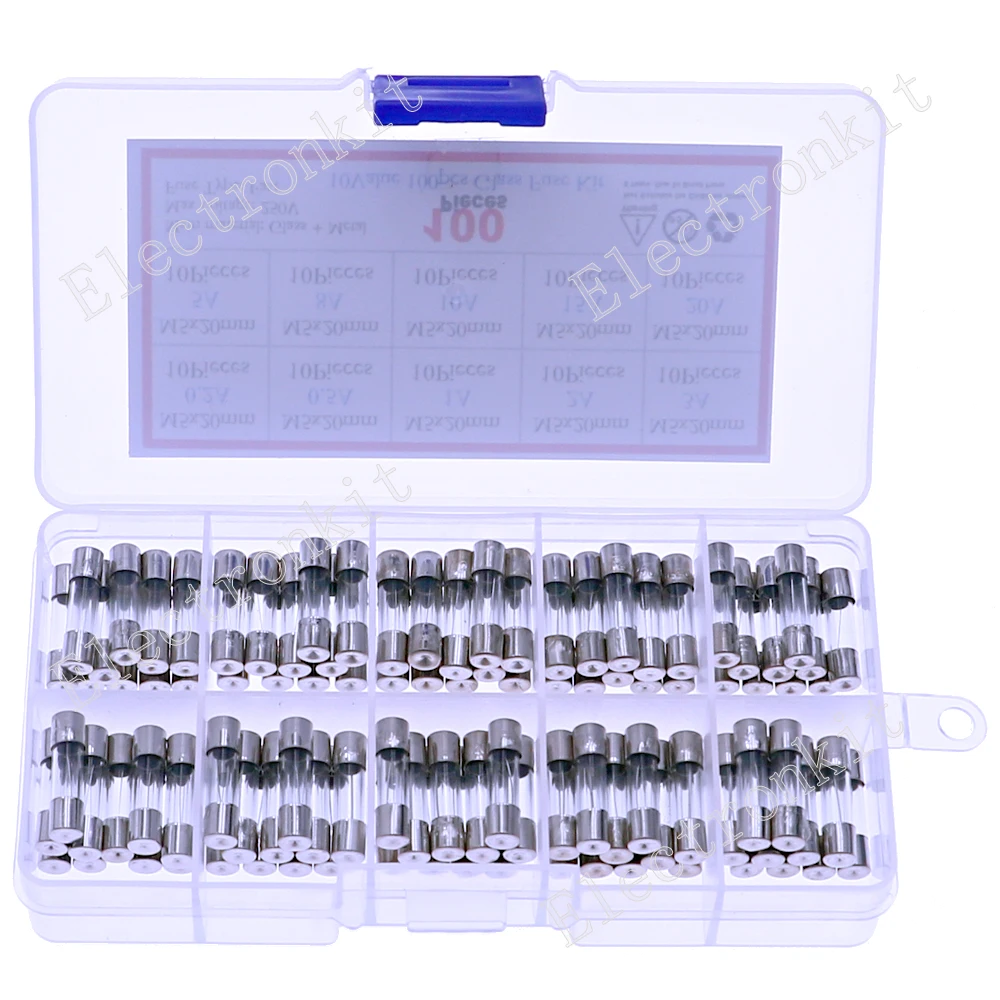 Glass Fuse Kit 100Pcs 5x20mm 12V-250V 0.2A 0.5A 1A 2A 3A 5A 8A 10A 15A 20A