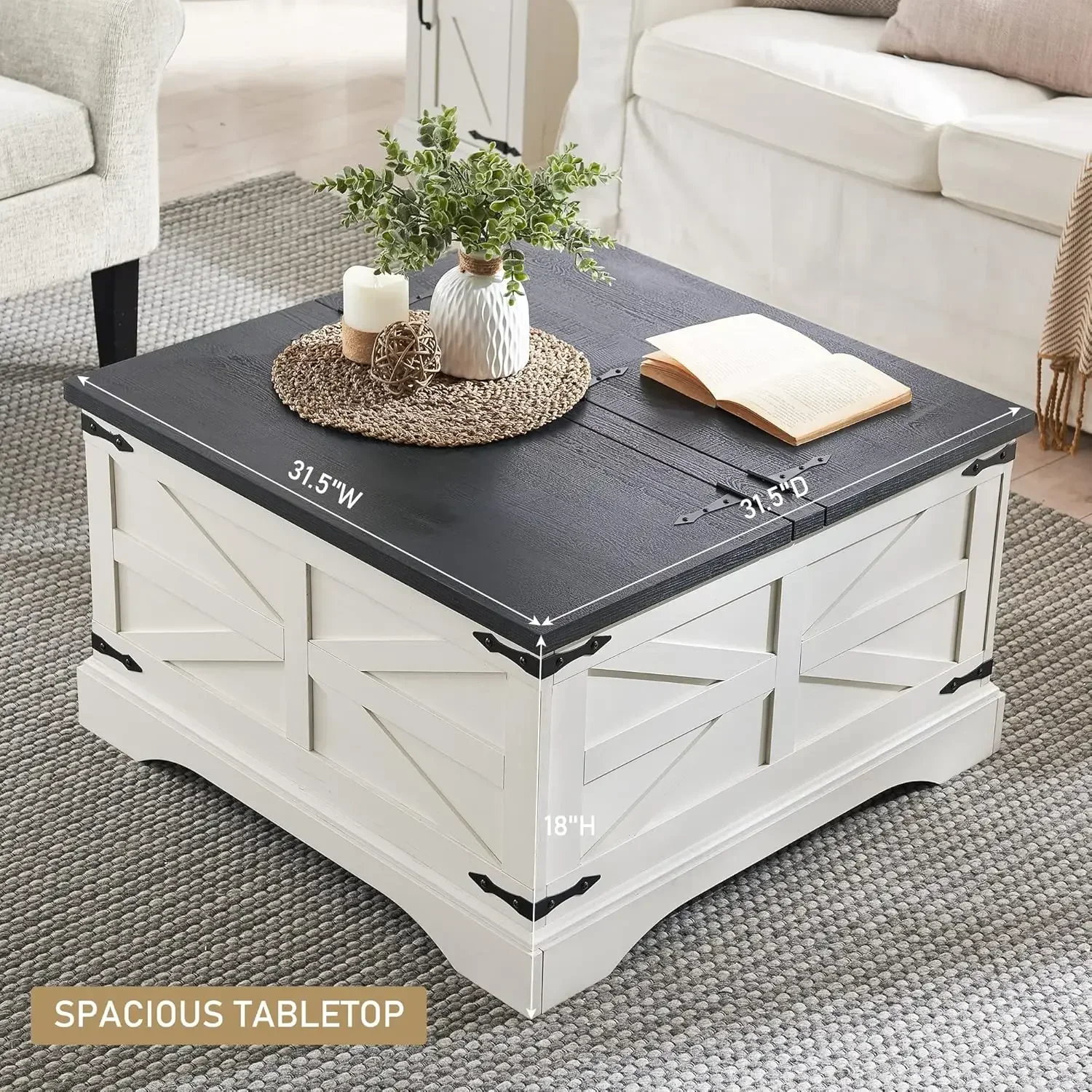 Farmhouse Coffee Table, Square Wood Center Table with Large Hidden Storage Compartment for Living Room, Rustic Cocktail Table 5