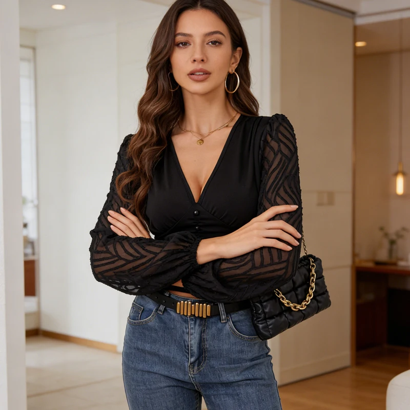 Spring and Summer New Women's V-neck Button-down Lantern Sleeve Shirt Fashionable Retro Hollow Office Casual Blouse Waist Top