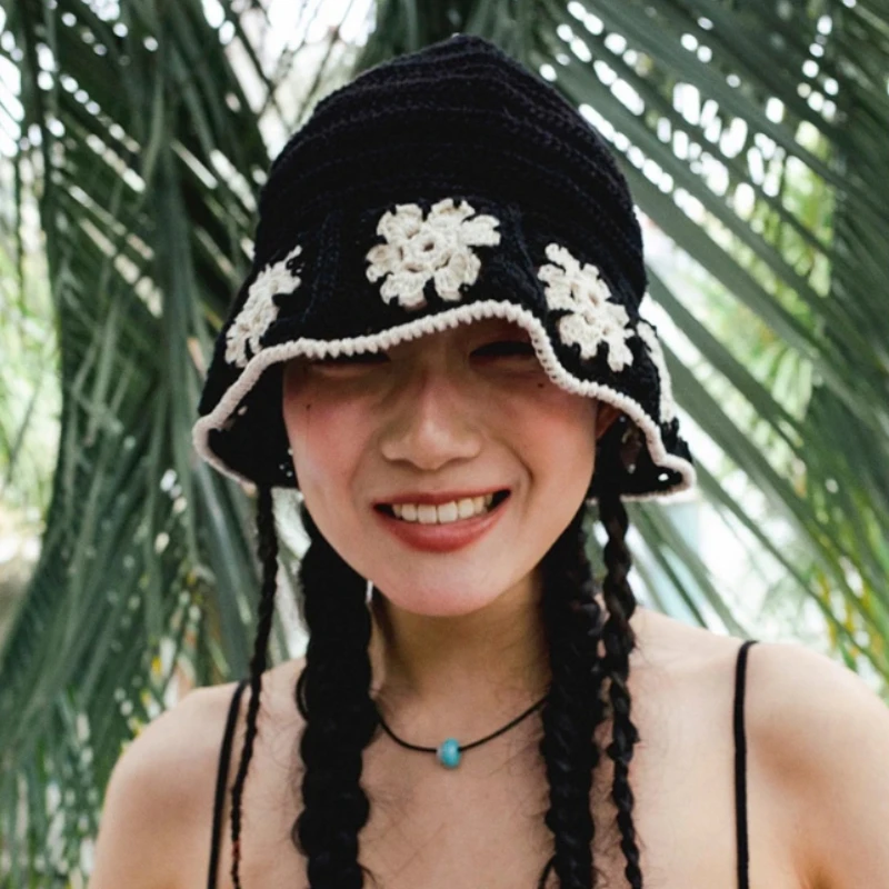 

New Women Hollow Flower Knitted Fisherman Hat Handmade Crochet Matching Basin Hat Spring Summer Sunscreen Sun Hats Female Panama
