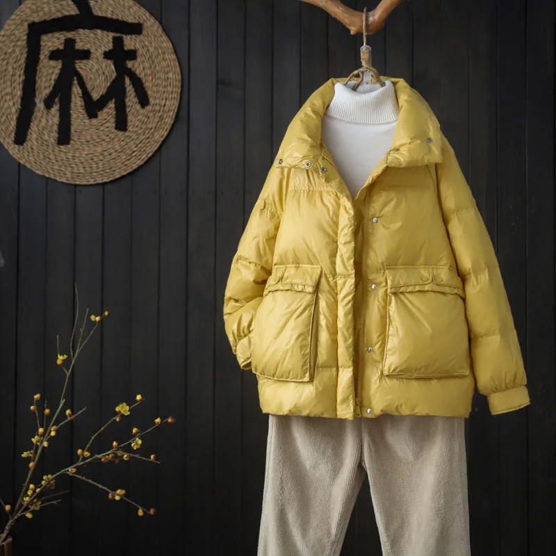 

Autumn Winter Casual Loose White Duck Down Jacket Parka Women Single-breasted Warm Down Coat Female Long Sleeve Short Outwears