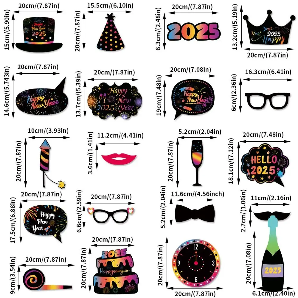 20pcs Cartoon 2025 New Year Photo Booth Props Paper Colorful Photo Dress Up Props Blessing DIY Happy New Year Decor