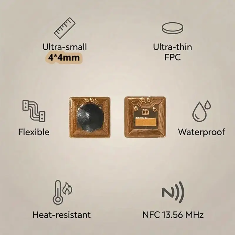 프로그래밍 가능한 4*4mm 마이크로 FPC NFC RFID 태그 스티커 Ntag213 1mm 판독 범위, 출입 통제 및 공급망 관리용