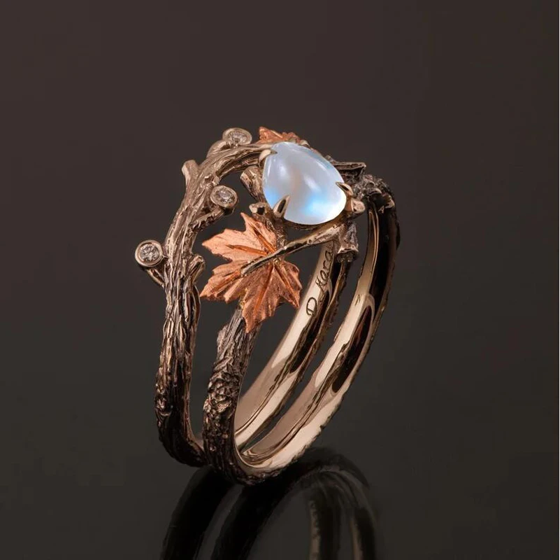 Vintage Women's Fashion Antique Gold Twig Maple Leaf Moonstone Ring Set Anniversary Gift Engagement Bridal Wedding Jewelry Rings
