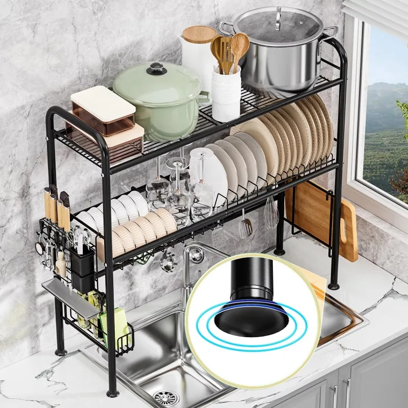 Over-Sink Dish Drying Rack with Sponge Holder Multi-Functional Kitchen Storage Shelf for Plates Utensils and Cleaning Tools