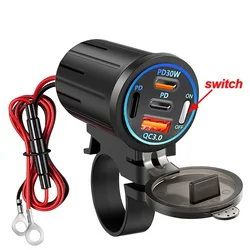 Waterproof Motorcycle USB Fast Charger with Voltmeter and Handlebar Switch, Type C QC3.0 Power Outlet (Type B)