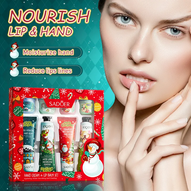 8pcs/Set SADOER Christmas Hand Cream Lip Balm Kit Moisturizing Anti Wrinkle Lipstick Lip Plumper Lips Hands Skin Care Sets