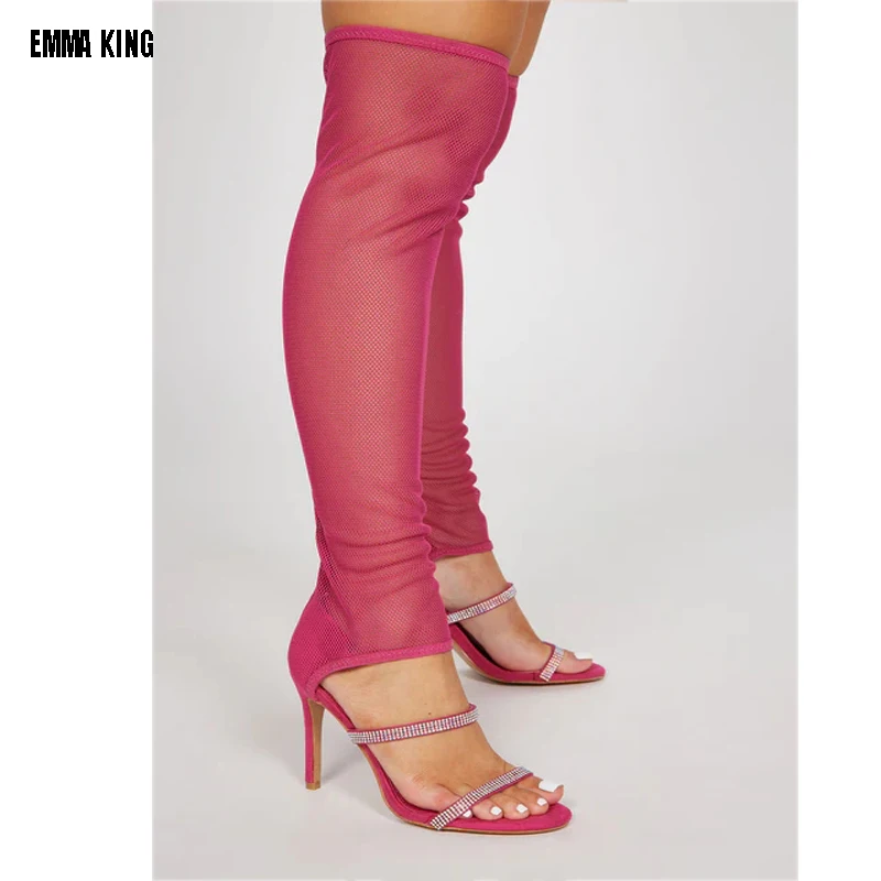

Women Hollow Out Full Sandals Full Rhinestone Mesh Summer Boots Woman Thigh High Over The Knee Sandals Boots Size 44