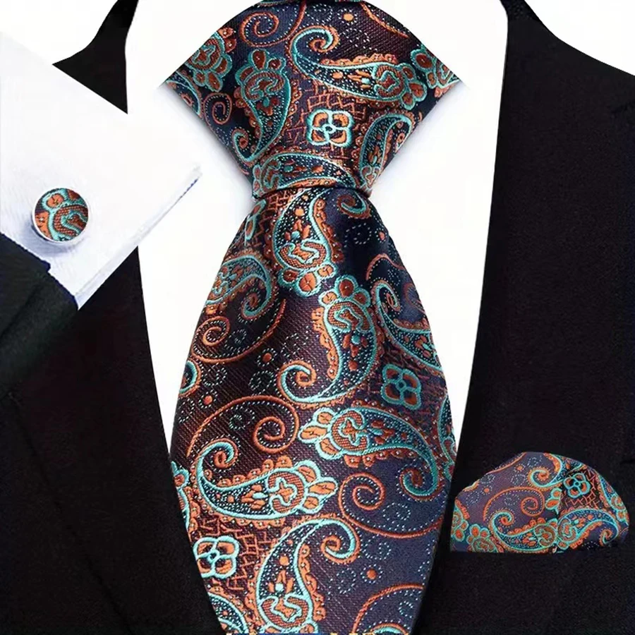 Herren Krawatten Taschentuch Manschettenknöpfe Set Smoking Zubehör Luxus Braun Streifen Dot Floral Krawatten Für Party Abendessen Hochzeit – Detail 6